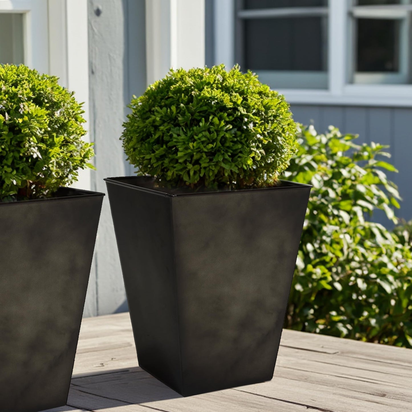 Worth Garden Large Metal Glazed Floor Planter Set of 2-14" Dia x 18" H - Luxurious Glossy Finish Black Tall Square Tapered Steel Plant Pots, Decor Flower Pot Indoor & Outdoor, Drainage Hole