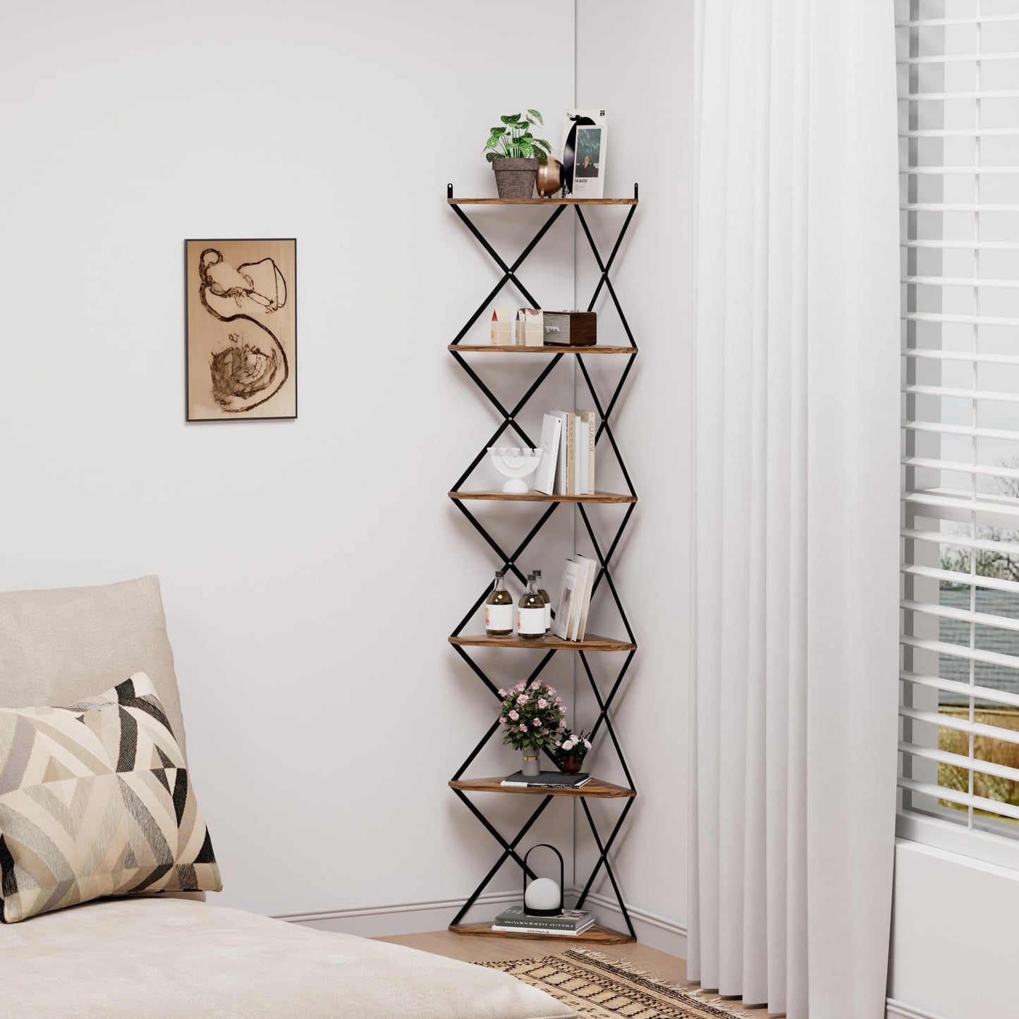 IRCPEN 6 Tier Wall Mounted Corner Shelf Stand, Industrial Corner Bookshelf with X Metal Frame, Tall Standing Shelf Organizer, Bookcase, Plant Stand for Living Room, Bedroom Rustic Brown CS-006RB