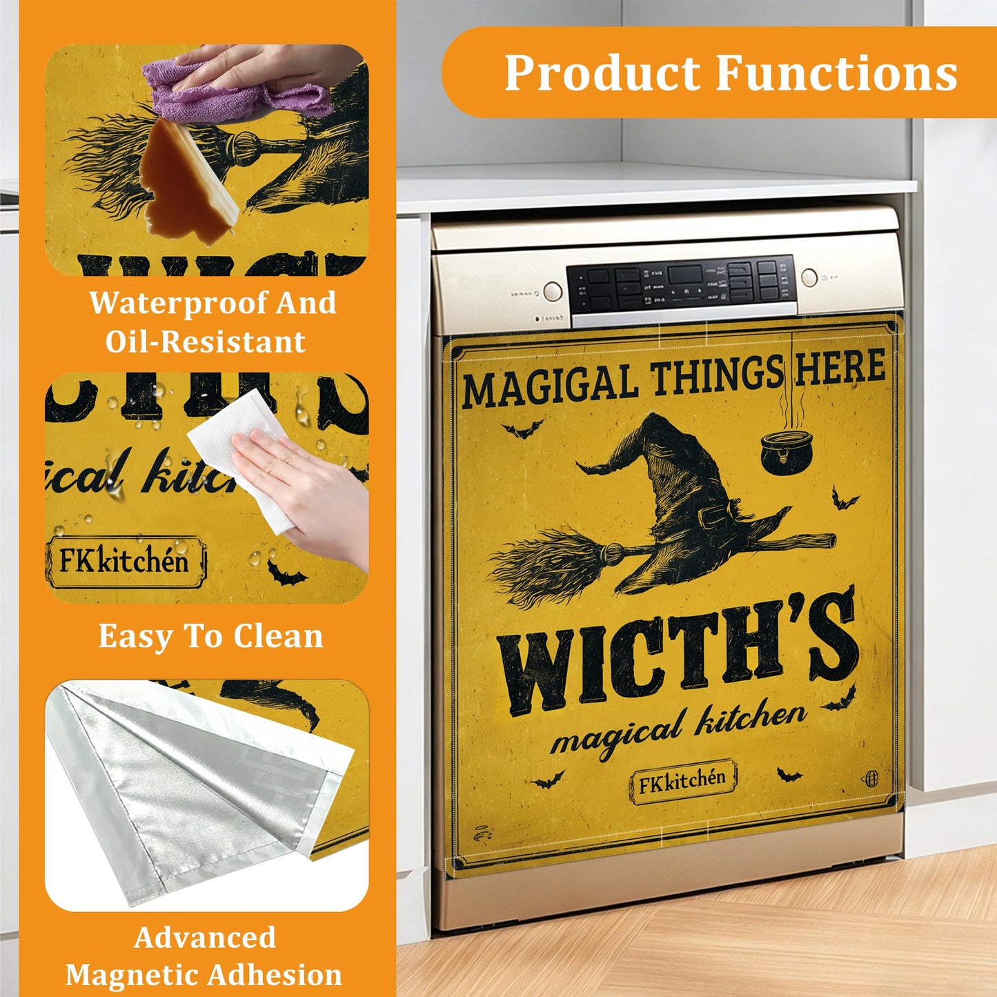 Halloween Witch Dishwasher Cover Magnet, 23 x 26 Inch Trimmable Magnetic Sticker for Dishwasher Front Panel, Easy Clean Decor for Fridge