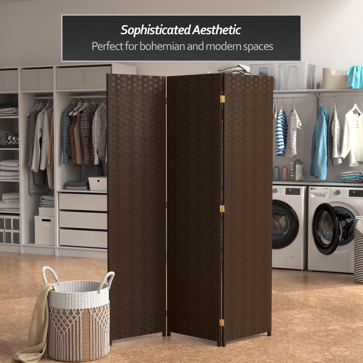 Red Lantern 6 ft. Tall Woven Fiber Room Divider, 3 Panels, Dark Mocha