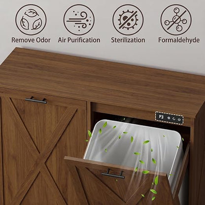 Double Tilt Out Trash Can Cabinet, Wooden Farmhouse Kitchen Garbage Bin Enclosure with Negative Ion Odor Control, Hidden Dog Proof Trash or Laundry Basket Storage for Laundry Room, Walnut