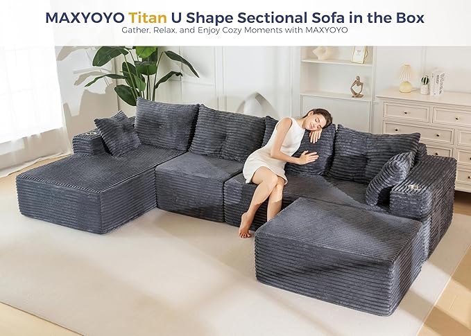 MAXYOYO 132" Giant U-Shaped Modular Sectional Couch, Modern Boneless Couch