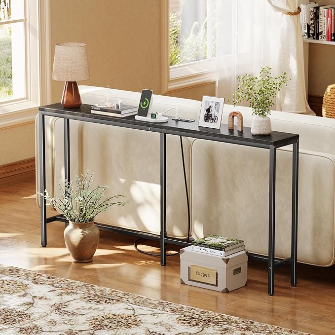 SUPERJARE Console Table with Outlet, 63 Inch Sofa Table with Charging Station