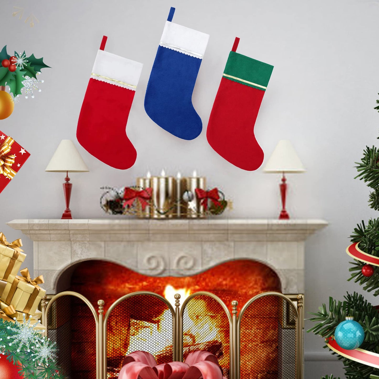 Tokforty 12 Pack Felt Christmas Stockings, 19 Inches Blue and White Christmas Stockings Hanging Ornaments, White Cuff with Silver Trim Christmas Stockings for Family Christmas Holiday Decorations