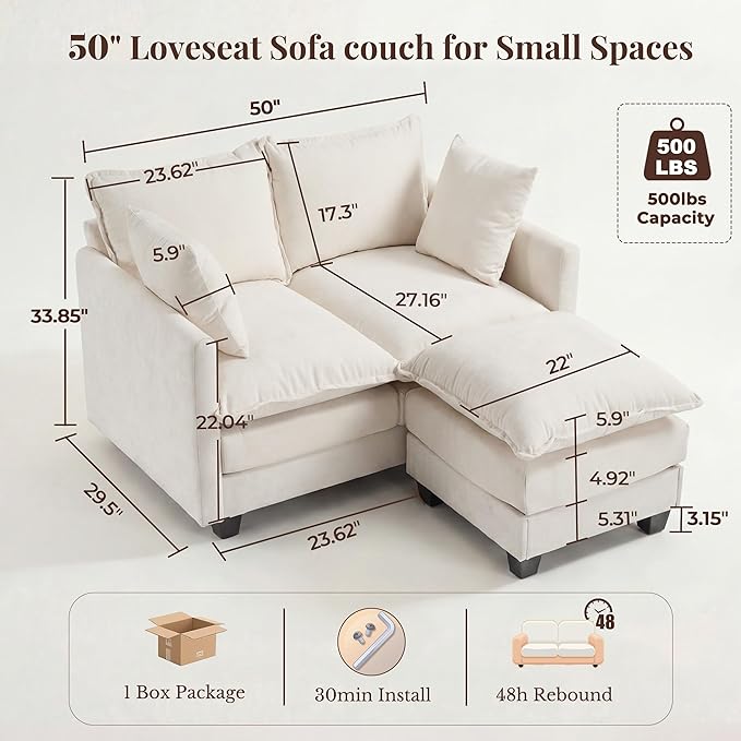 Loveseat Sofa with Ottoman, Cloud 3-Layer Cushion & 27" Deep Seat Modern Small
