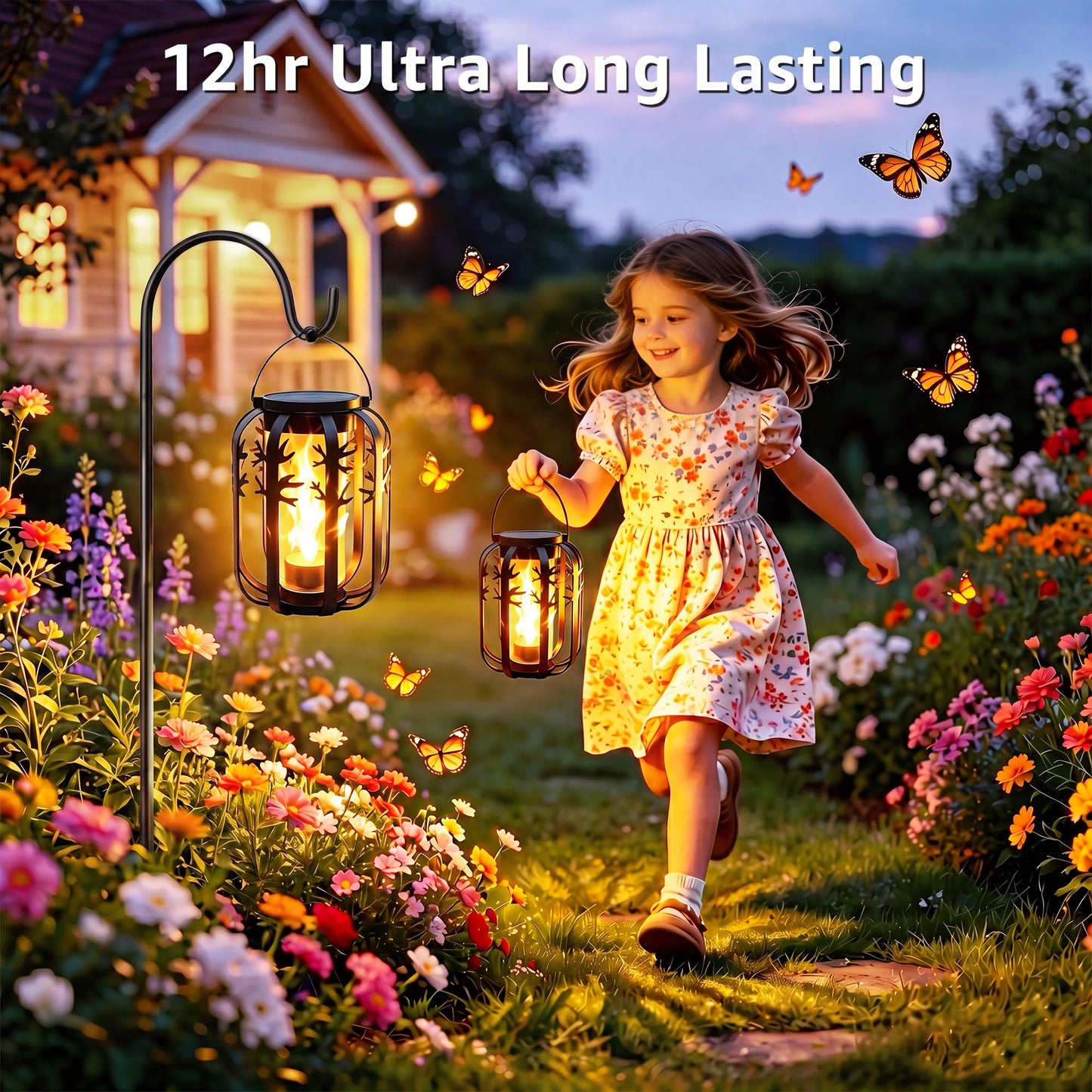 Ollny 2 Pack Solar Lanterns Outdoor Waterproof, Upgraded Flickering Flame Solar Lights Outdoor, Dual Charging (USB/Solar), 4 Modes Hanging Solar Lantern for Yard Patio Path Tree Garden Decor