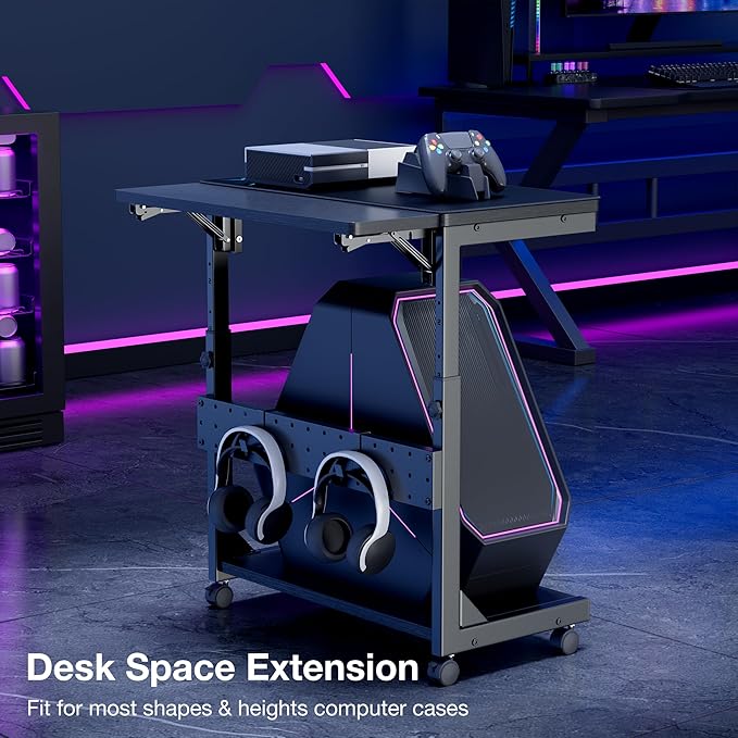 Height Adjustable Computer Tower Stand, 2-Tier PC Stand CPU Holder Under Desk Gaming Case Cart with Rolling Wheels & Mouse Pad, Folding End Table