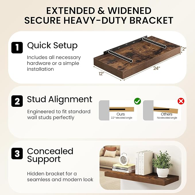 Fun Memories 12 Inch Deep Floating Shelf, 24 x 12 Rustic Wood Wall Shelf