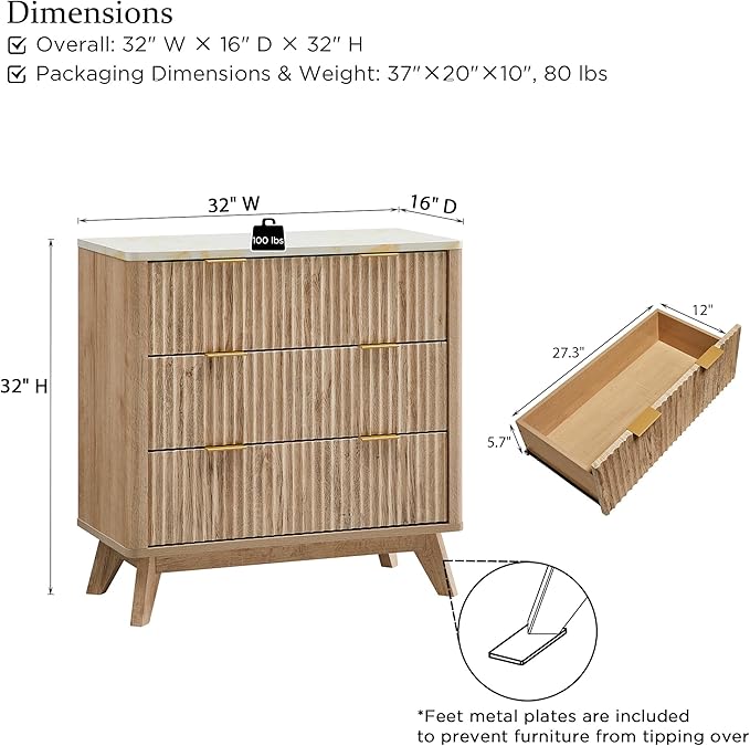T4TREAM Fluted 3 Drawers Nightstand, Oversized Extra Large Modern Side Table