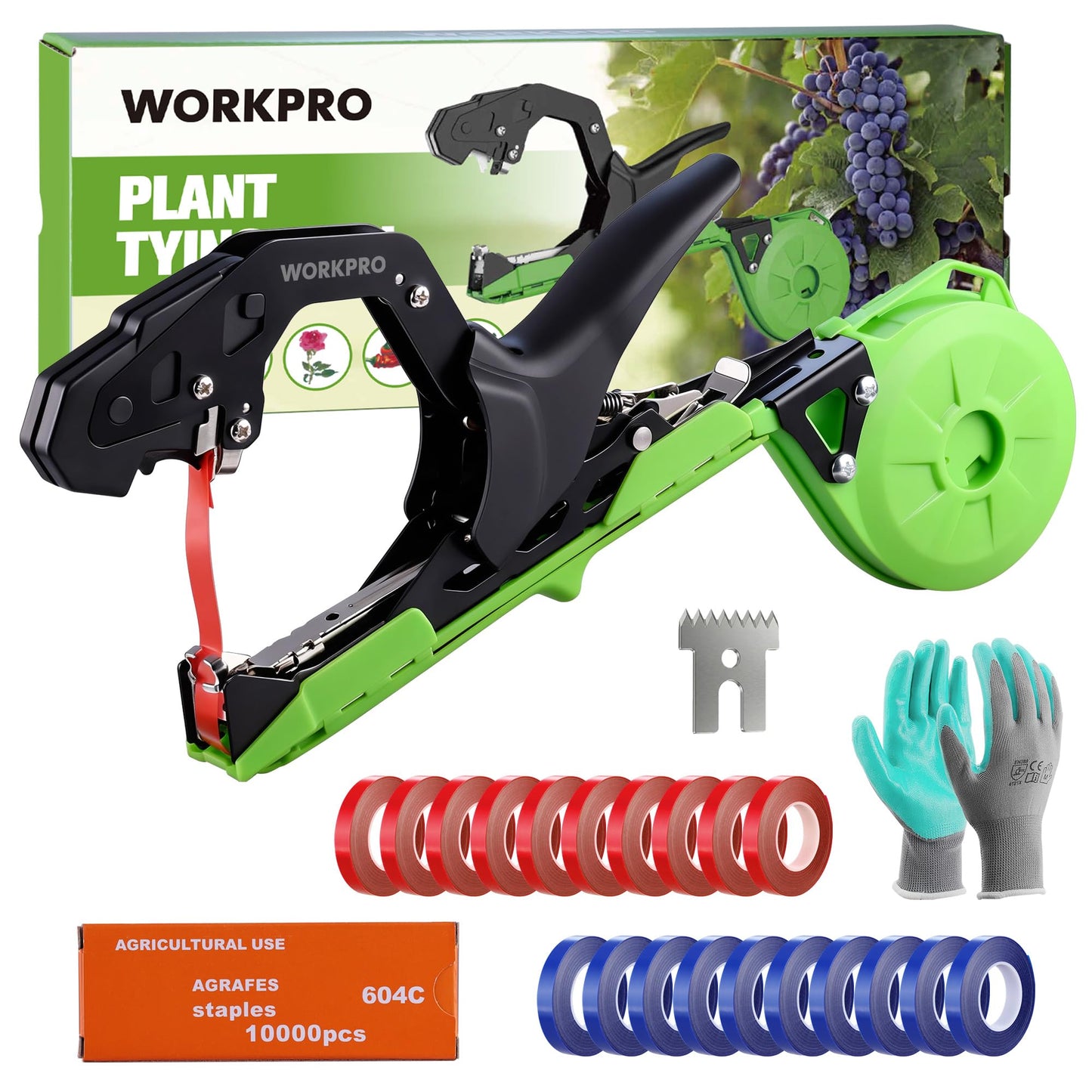 WORKPRO Plant Tying Machine, Lightweight Tape Gun for Tying Vines and Support Plants, Includes Gloves, 20 Rolls of Tape, 10,000 Staples, Ideal for Tomatoes, Grapes, Cucumber and Vegetables