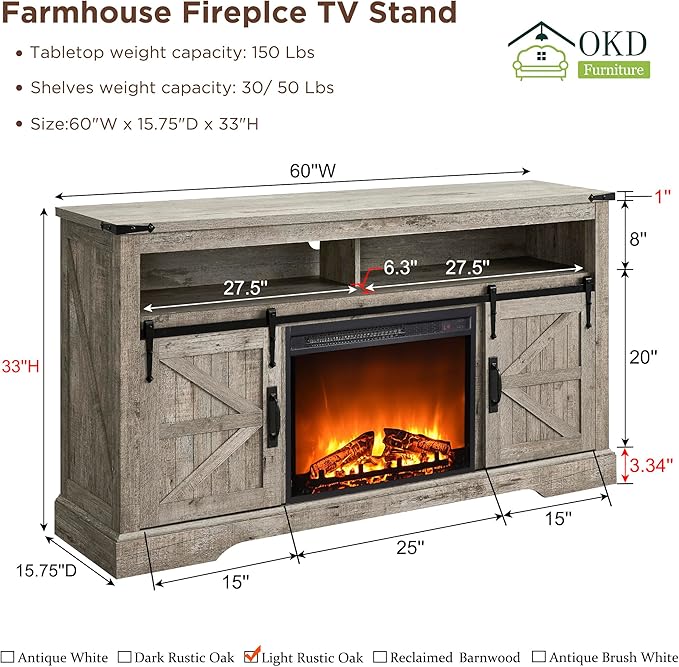 OKD Fireplace TV Stand for 65+ Inch TV, Rustic Media Console w/Sliding Barn