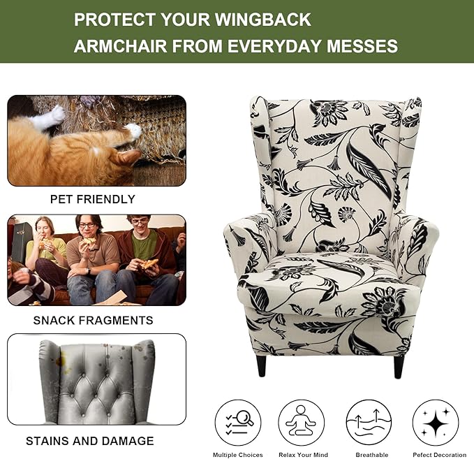 HAOYONG Wing Chair Slipcovers Printed Wingback Chair Covers 2 Pieces Wingback