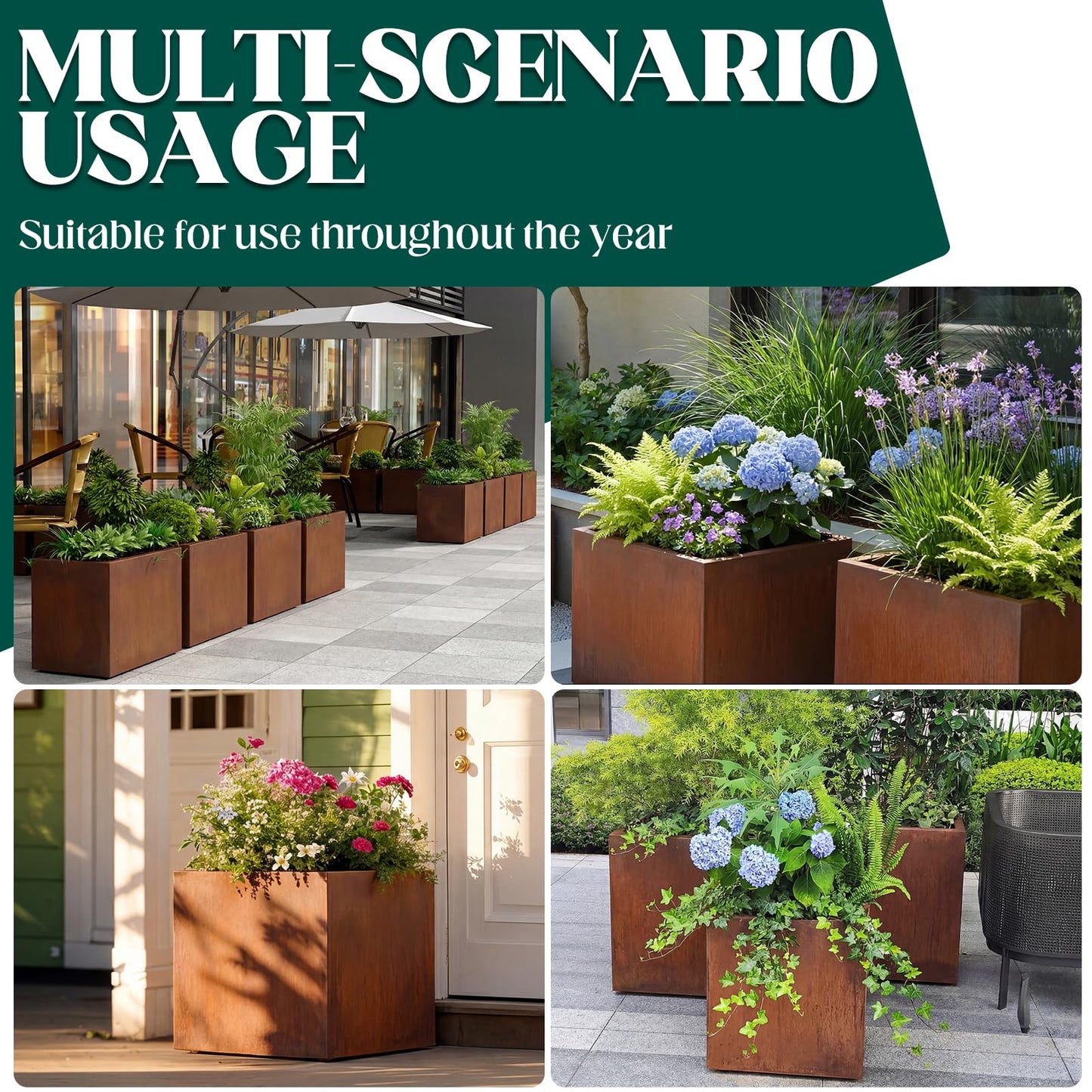 Cycayit Modern Corten Steel Planter 16” Cube, 1.5mm Heavy Duty Rust Finish Square Planter Box with Drainage Hole, Decorative Outdoor Metal Planter for Patio, Balcony, Entryway, Garden Decor