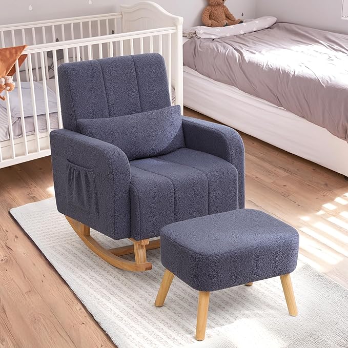 HCHAIRH Rocking Chair with Ottoman, Upholstered Glider Rocker with High