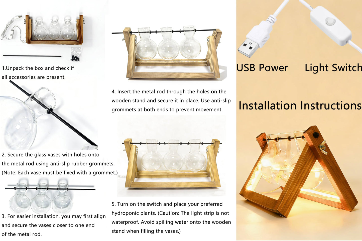 Plant Propagation Stations with LED Lights, Plants Terrarium with Retro Wooden Stand Glass Vase Hydroponics Planter Birthday Gift for Plant Lovers Home Garden Office Indoor Decoration-3 Bulb Vase