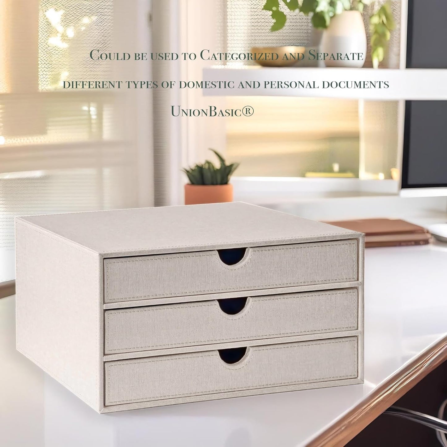 UnionBasic Document Organizer, 3-Drawer File Cabinet Document Storage Box, Office Desktop Filing Organizer, Beige