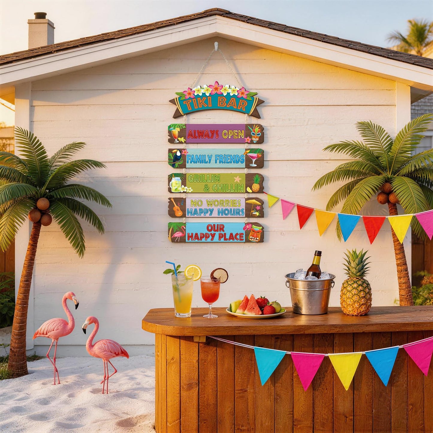 HOURIA Funny Tiki Bar Welcome Hanging Wood Sign,Tropical Hawaiian Luau Party Decorations(11.4"X21"),Funny Summer Tiki Bar Decor, Carnival Aloha Decoration for Outside Patio Backyard Beach