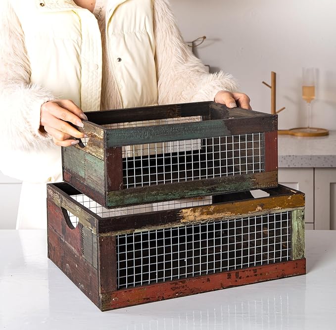 TIMRIS Set of 3 Rustic Wood Nesting Crates, Farmhouse Distressed Wooden Storage