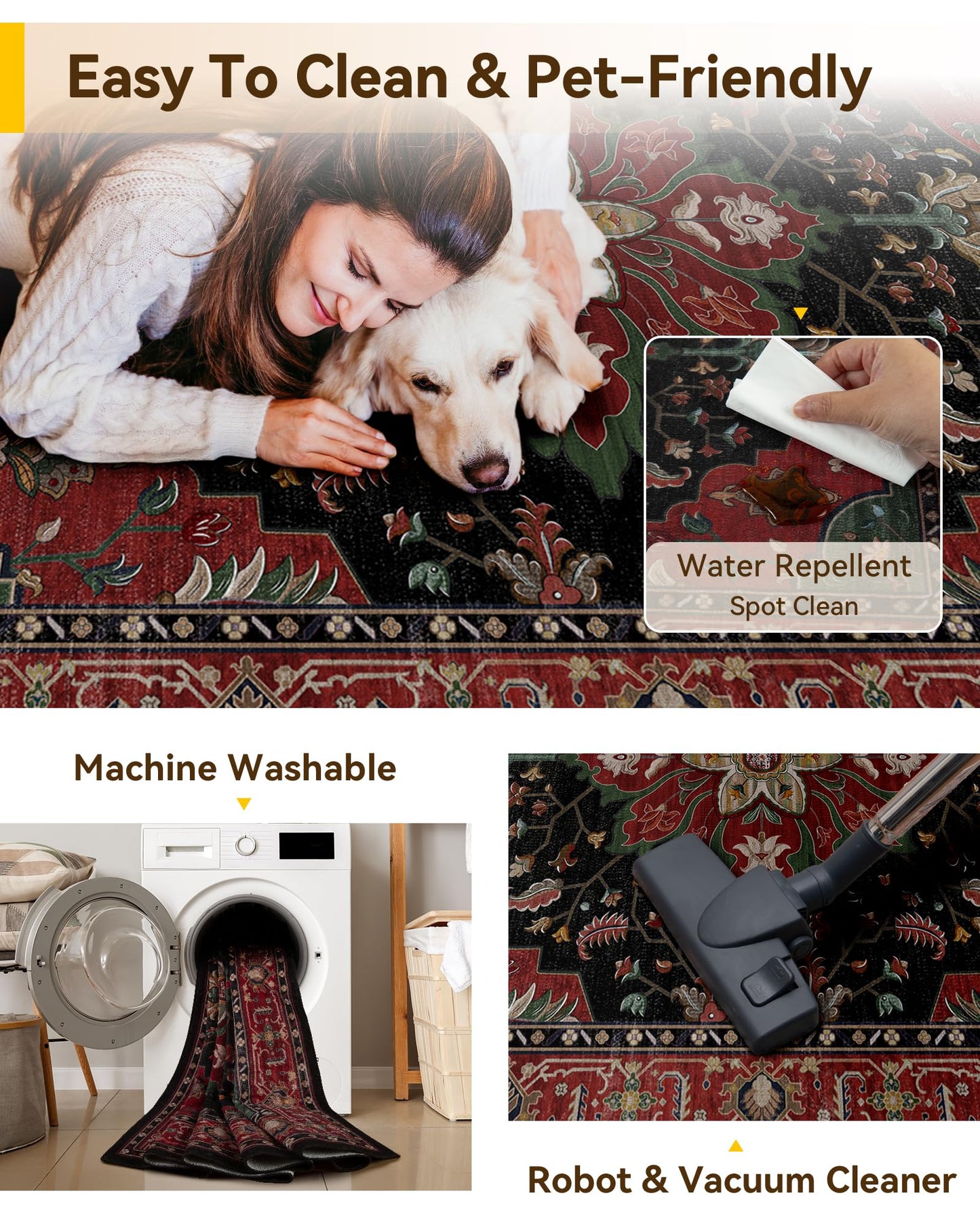 RELEANY Area Rugs 5'x7' Washable Non-Slip, Floral Vintage Distress Medallion Carpet for Living Room Bedroom Dining Room, Red Black