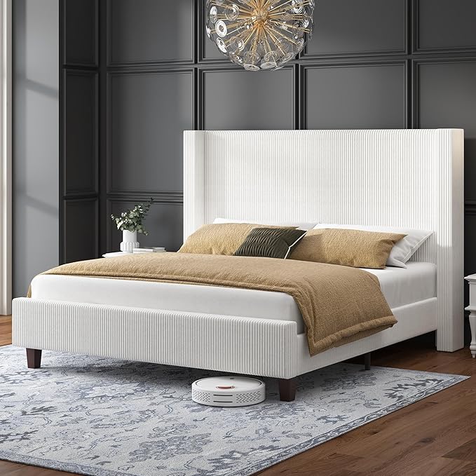 HOWE King Size Bed Frame with 50.8" Tall Wingback Headboard, Modern Corduroy