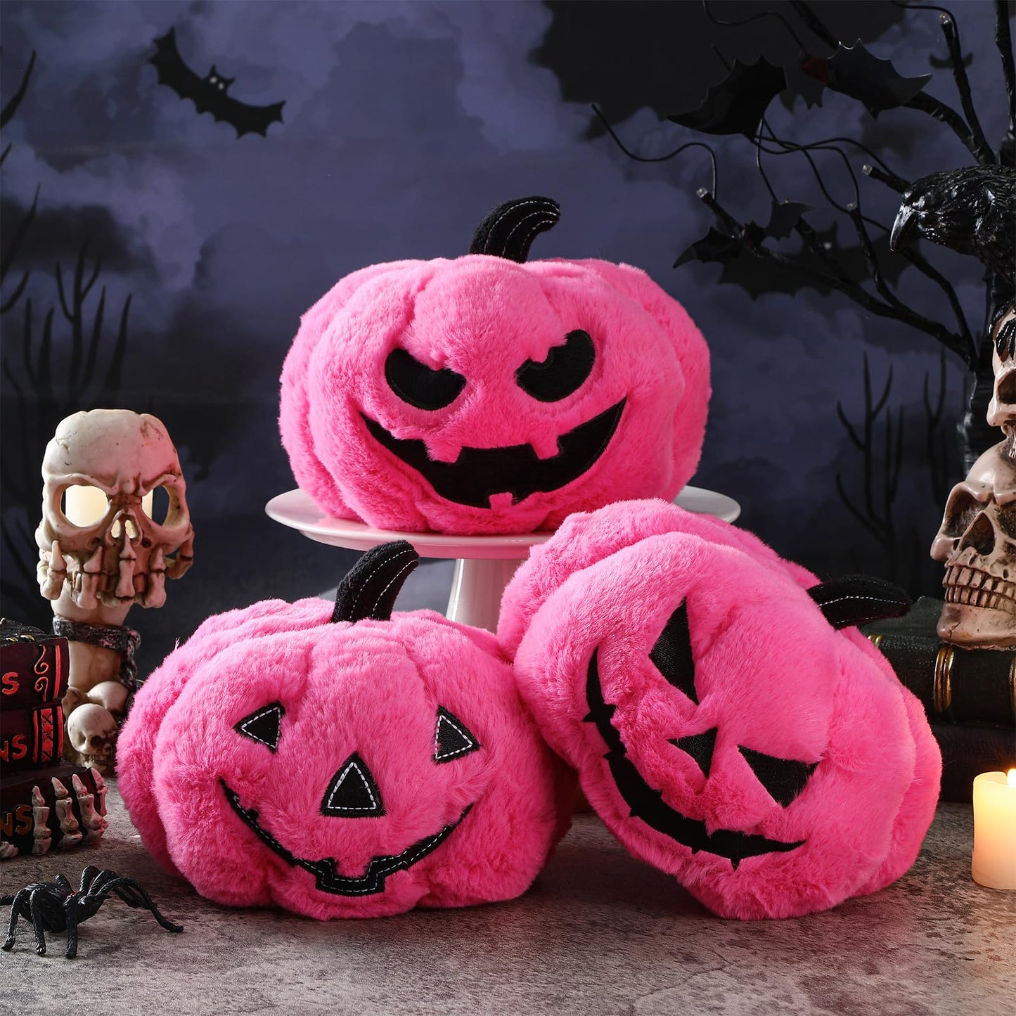 Yuntau 3 Pcs Halloween Pink Pumpkin Pillows Ghost Plush Stuffed Pumpkin Sofa Throw Pillow Cushion for Halloween Home Car Bedroom Sofa Decor 7.87 Inch
