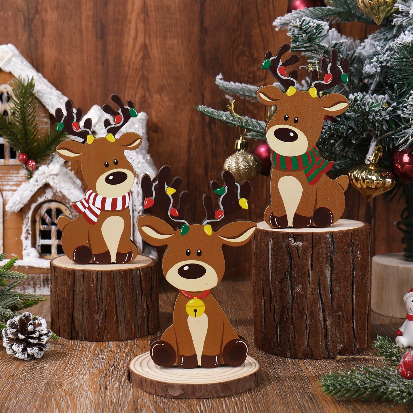 FYSUIMU 3 Pcs Christmas Wooden Signs Xmas Reindeer Wood Tabletop Signs Elk Desktop Centerpieces for Farmhouse Home Tiered Tray Shelf Cabinet Table Decor