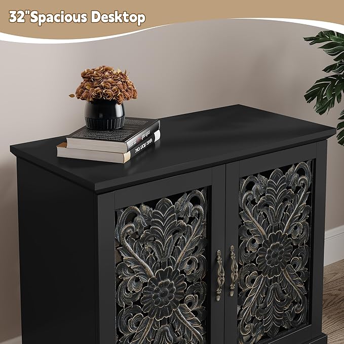 ARTPOWER Accent Cabinet with 2 Doors, Vintage Carved Wood Storage Cabinet