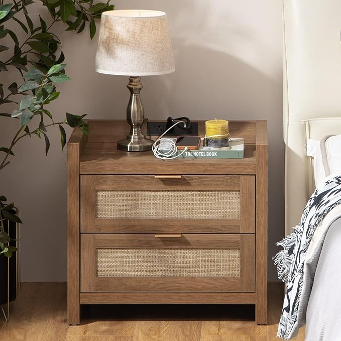 SICOTAS Rattan Nightstand End Table