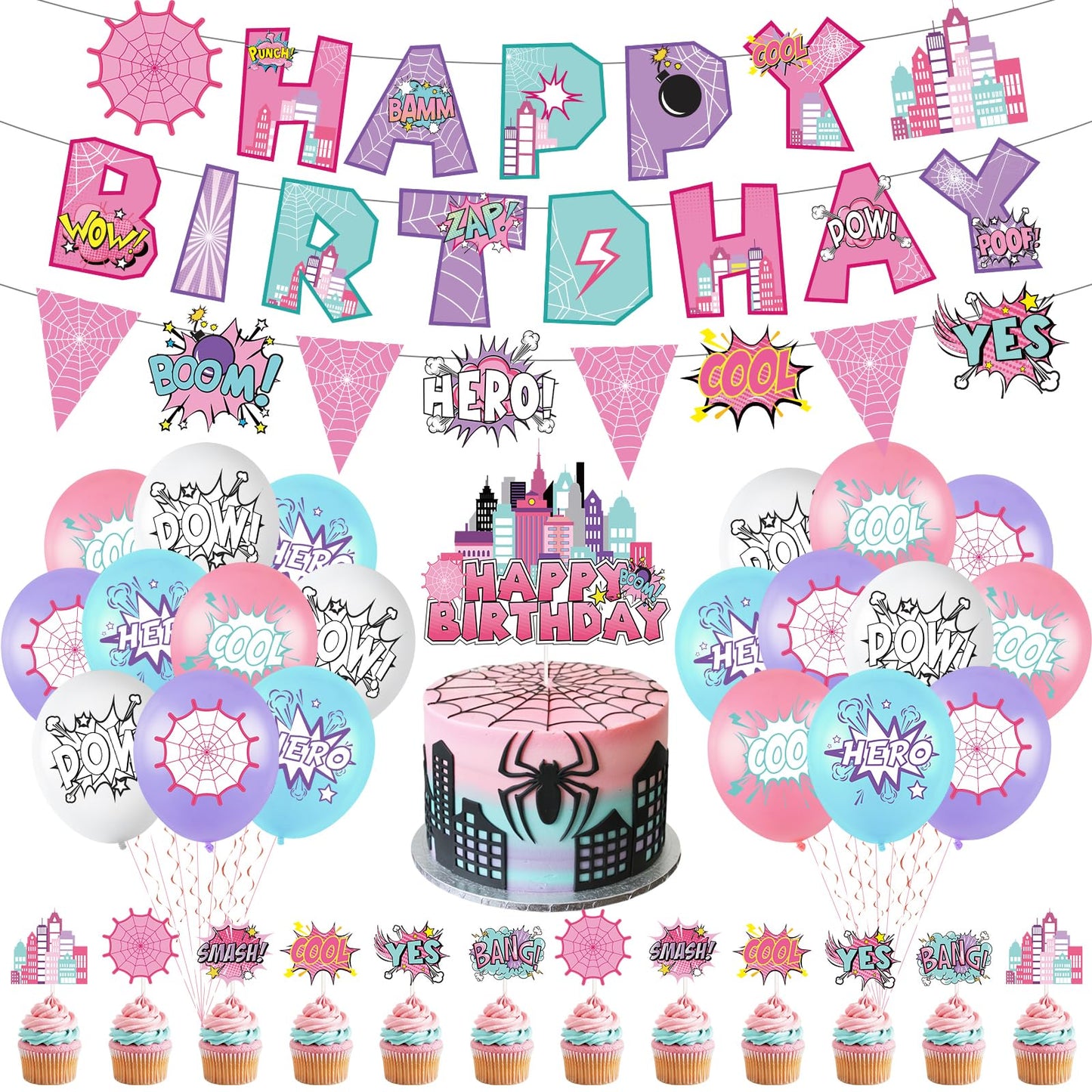 Hero Party Decoration Hero Happy Birthday Banner Pink Spidey Theme Pennant Flag Banner Cake Toppers Latex Balloons for Spider Girl Birthday Baby Shower Party Supplies