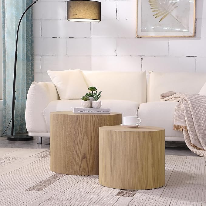 Small Round Coffee Table Nesting End Table Set of 2, Wood Side Circle Accent