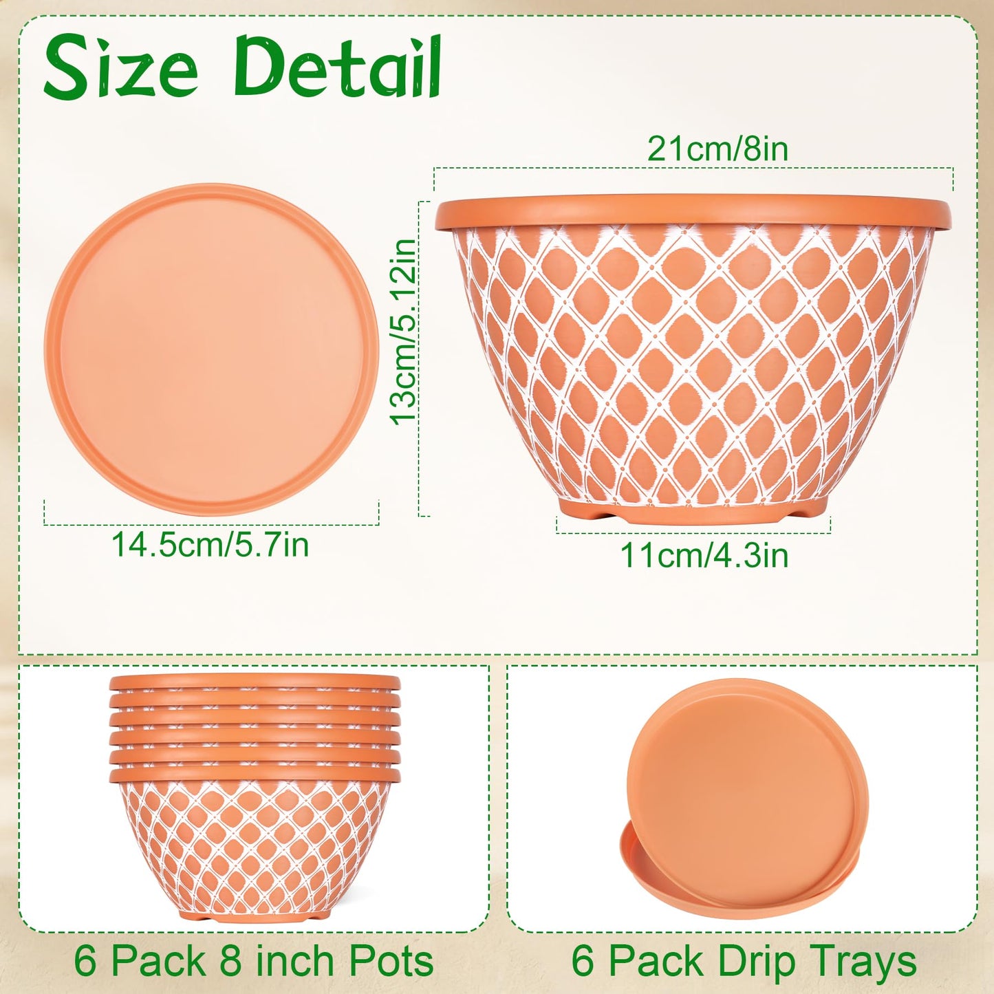 Nooulap 6 Pack 8 Inch Plant Pot, Flower Pots for Indoor Outdoor, Durable Decorative Planters for House Garden Plants Herbs Flowers Succulents