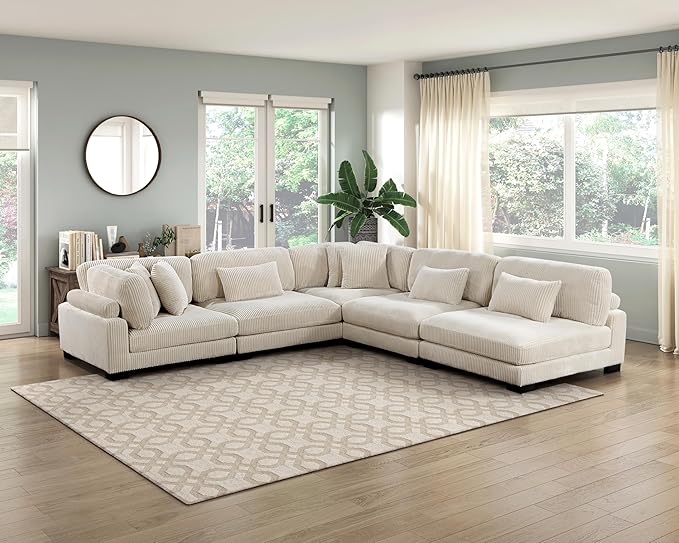 Modular Corner Seat, Plush Beige Corduroy Sofa, Customizable Living Room