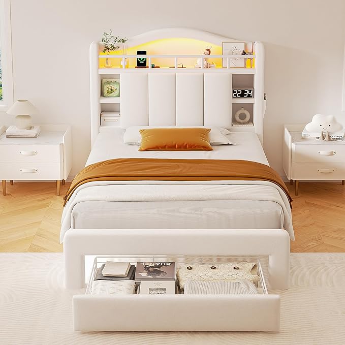 Twin Size Bed Frame with LED Storage Headboard & 2 Storage Drawers, Velvet