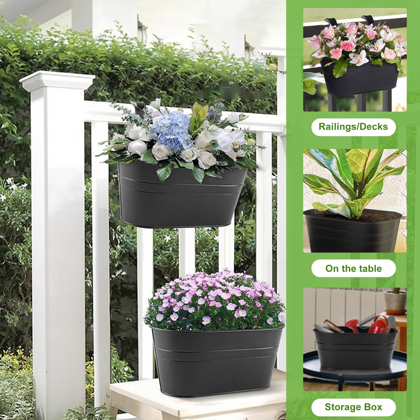 GYATSOCYG 10.6" Oval Iron Hanging Flower Pots - Rust-Resistant Metal Planters with Detachable Hooks for Garden, Yard & Home Decor (Black，5 PCS)