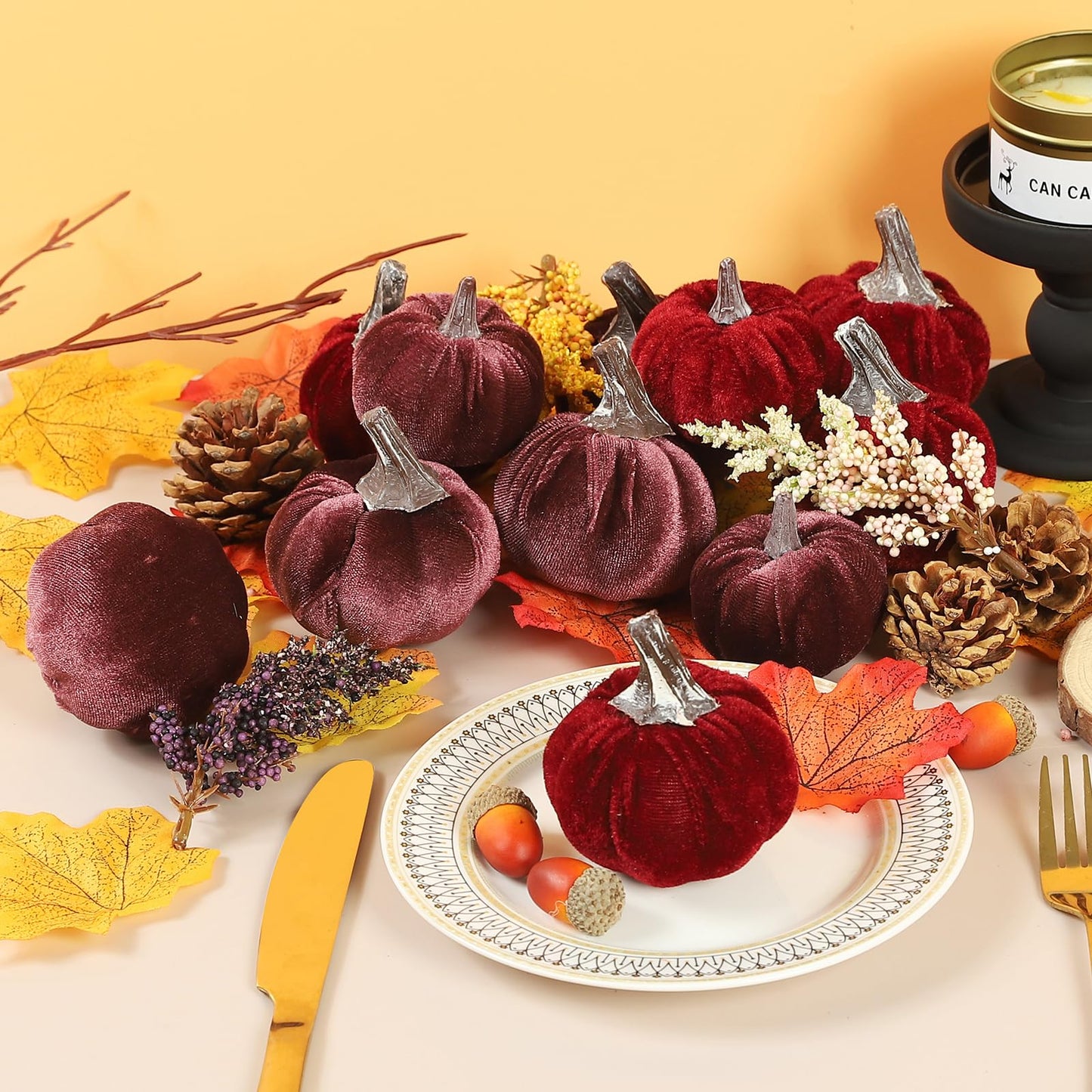 Lcuasc 12pcs Velvet Fake Pumpkins Fall Decor Faux Small Foam Fabric Pumpkin for Autumn Table Centerpiece Party Farmhouse Harvest Thanksgiving (Burgundy/Mulberry)