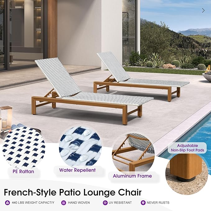 PURPLE LEAF Patio Chaise Lounge French Outdoor Lounger 1 Piece Matte Teak Grain