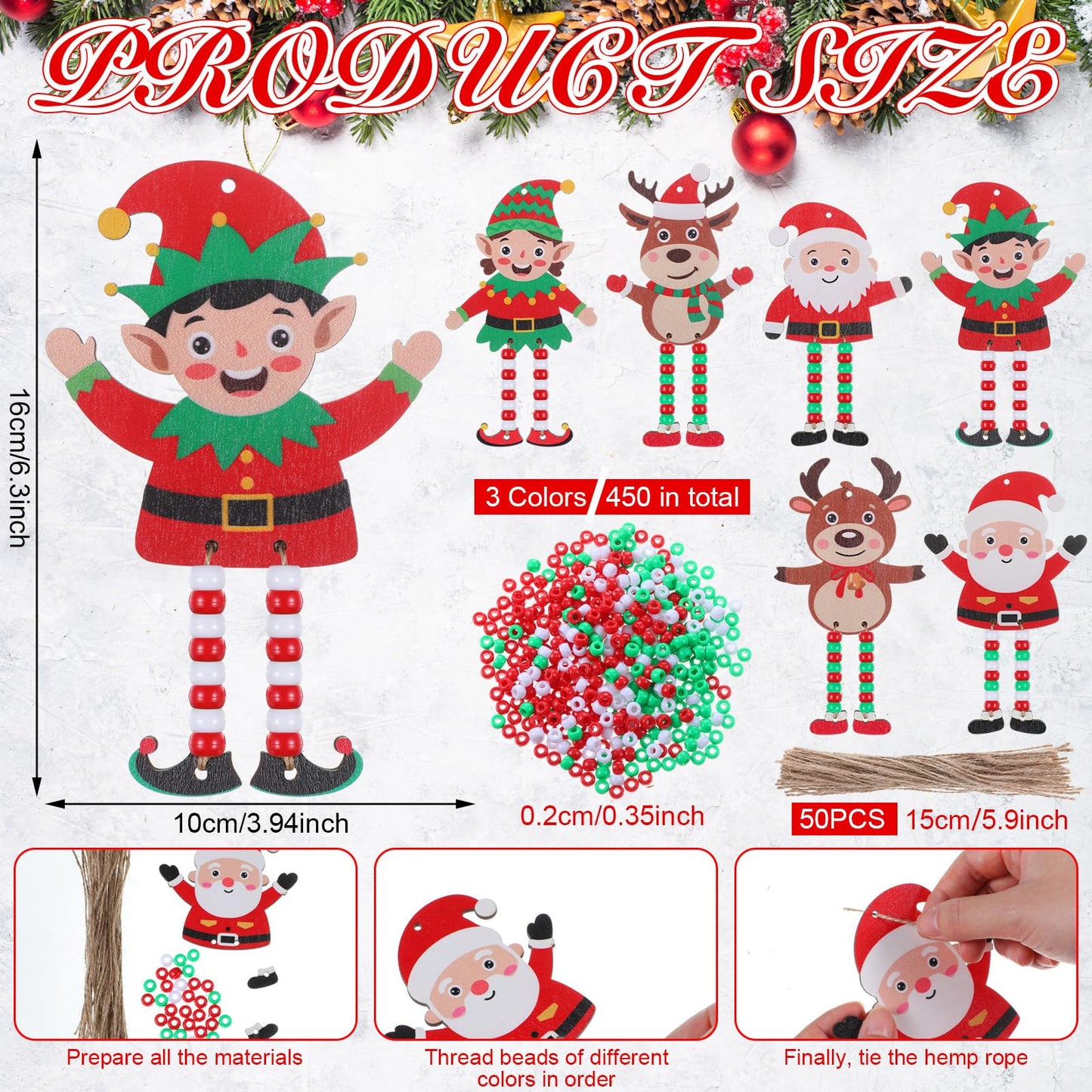 Cinnvoice 24 Sets Christmas Sign Craft Kits for Kids Winter Wooden Crafts with Beads Santa Claus Reindeer Elf Ornament Christmas DIY Craft Art Sets for Holiday Party Favors Classroom Activities Decor
