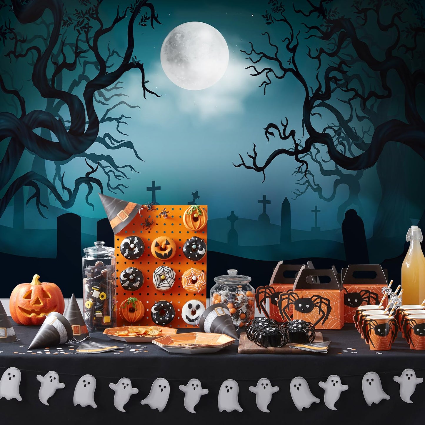 7 x 5 FT Halloween Backdrop - Large Dark Night with Moon, Tombstones Forest Design Wall Hanging Background Spooky Photography Photo Booth Props for Indoor Outdoor Garden Haunted Party Decorations