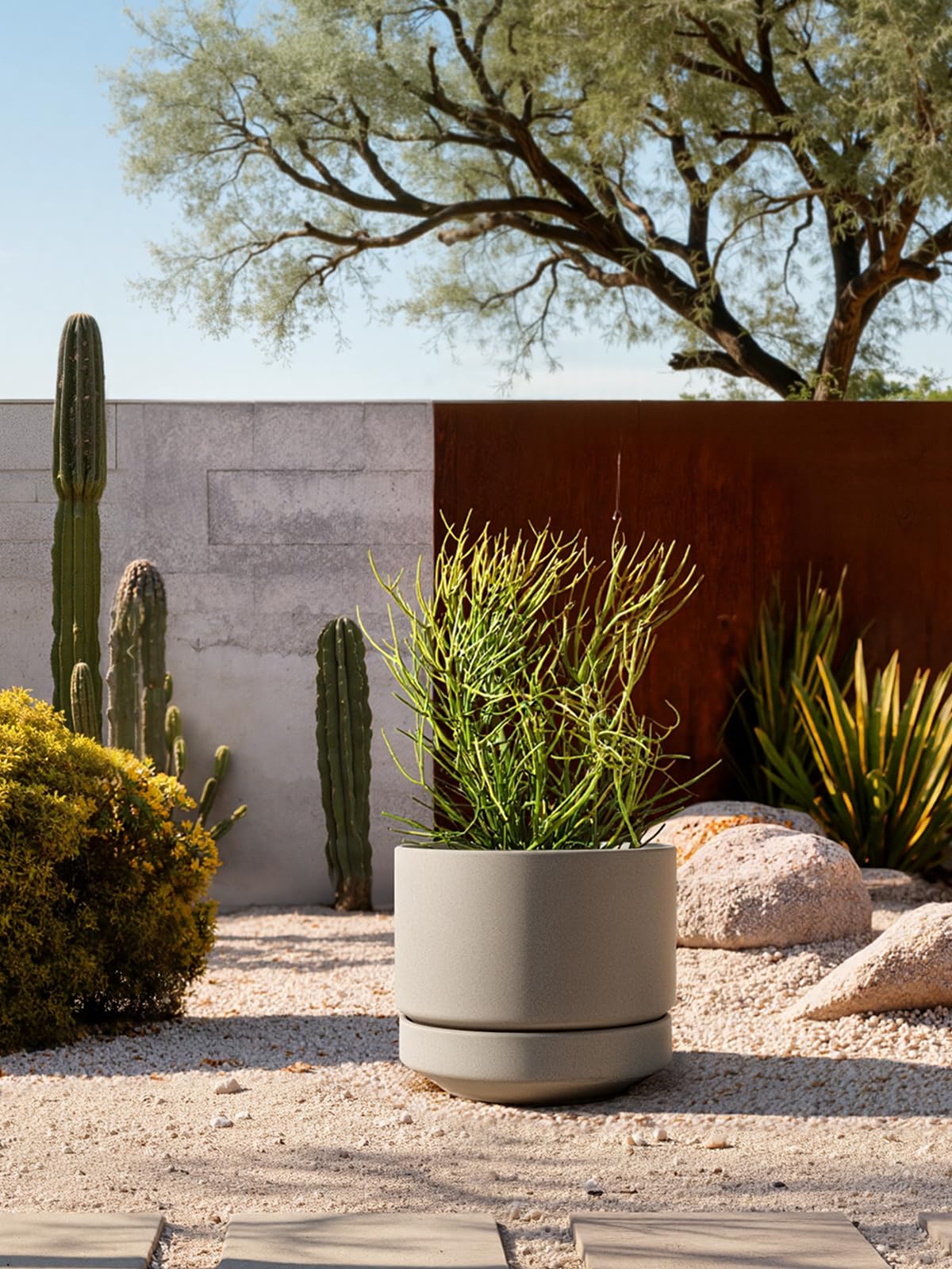 LE TAUCI Large 14 Inch Plant Pot with Saucer | Ceramic Outdoor & Indoor Big Planter Pot | Drainage Hole, Mesh Pad | Unglazed Porous | Modern Minimalist for Home and Patio – Neutral Gray