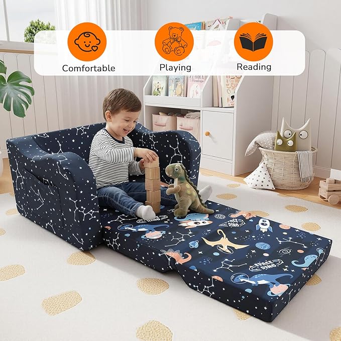 MeMoreCool Toddler Couch, 2-in-1 Kids Couch Fold Out to Lounger, Comfy Toddler