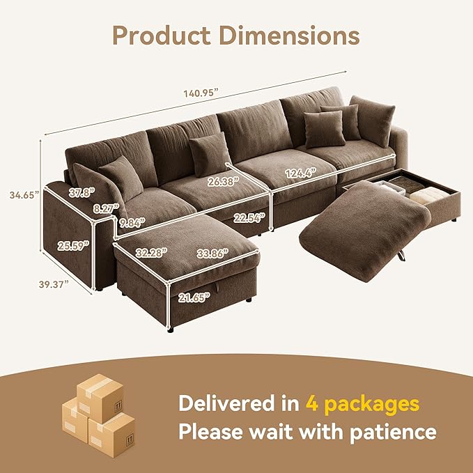 WorthFurni 140” Oversized Cloud Sectional Couches