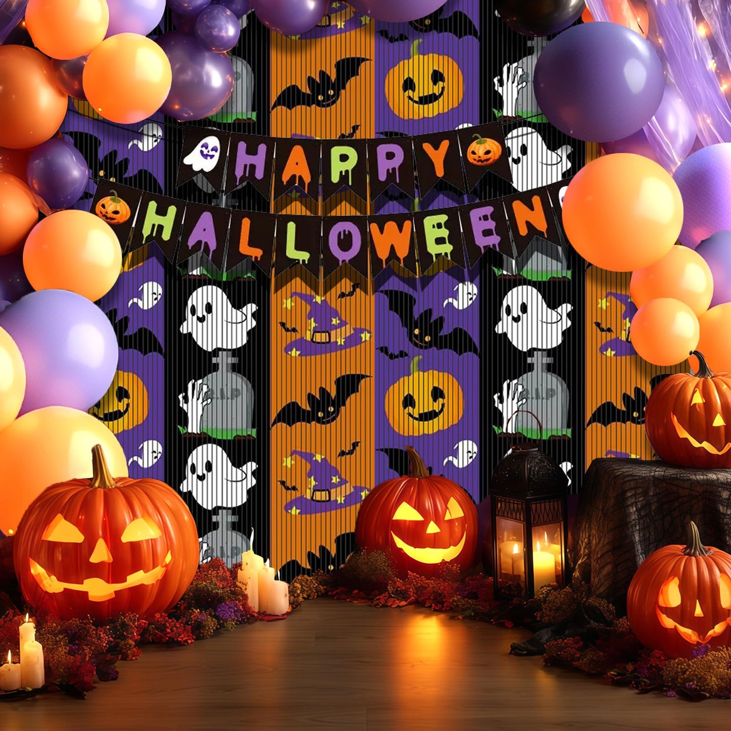 OQOQ Halloween Party Decorations Backdrops, 2 Pcs 3.3x6.6 Ft Tinsel Foil Fringe Curtains & 1 Pcs Happy Halloween Banner, Streamer Large Photo Booth Props Indoor Party Decor