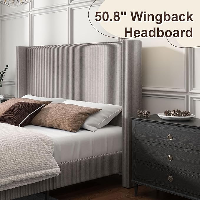 HOWE King Size Bed Frame with 50.8" Tall Wingback Headboard, Modern Corduroy