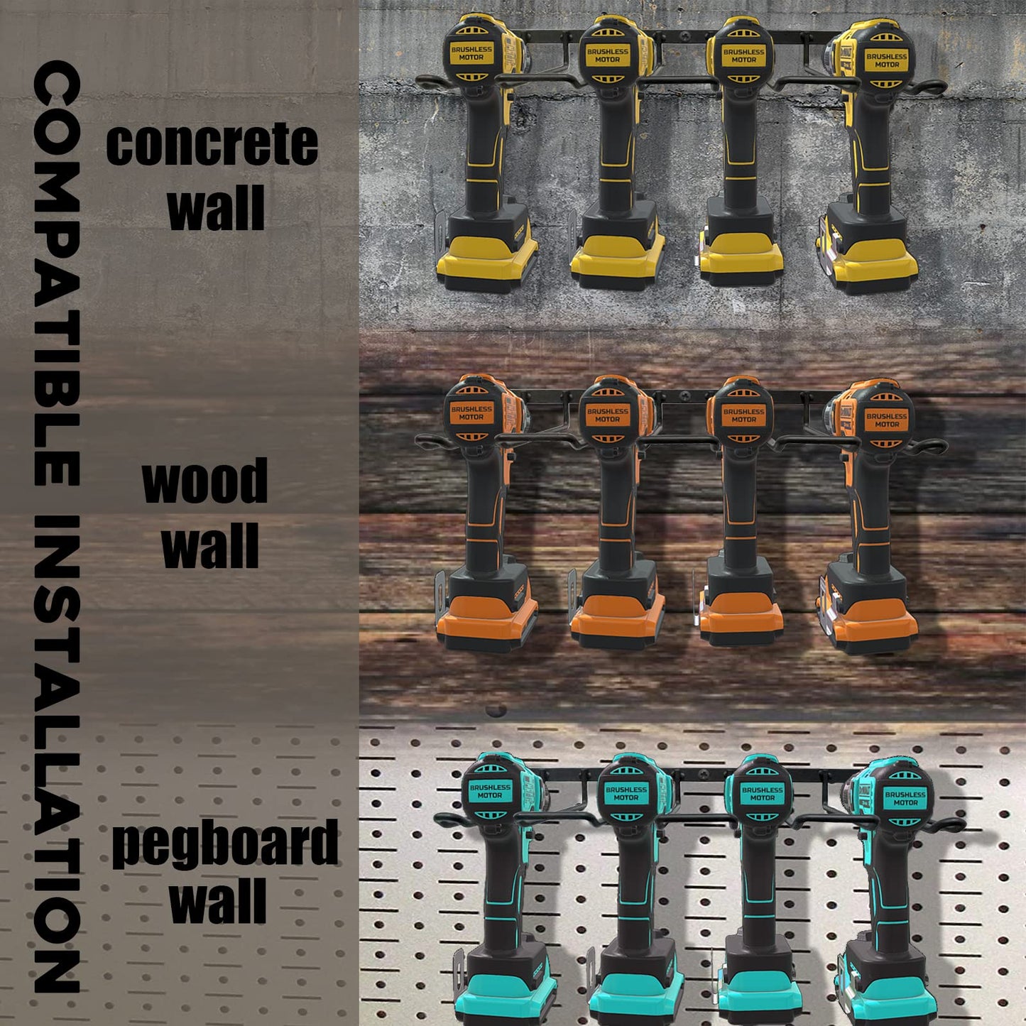 2 Pack Drill Holder, Power Tool Organizer Wall Mount, 80lb Heavy Duty Bearing Capacity Garage Storage, 4 Cordless Metal Shelf, Utility Storage Rack for Dewalt Cordless Tools Father Day Gifts
