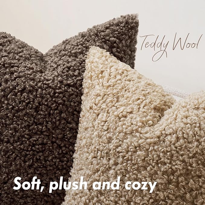 Faux Fur Throw Pillow Covers 20x12 Inch Set of 2 Boucle Neutral Decorative
