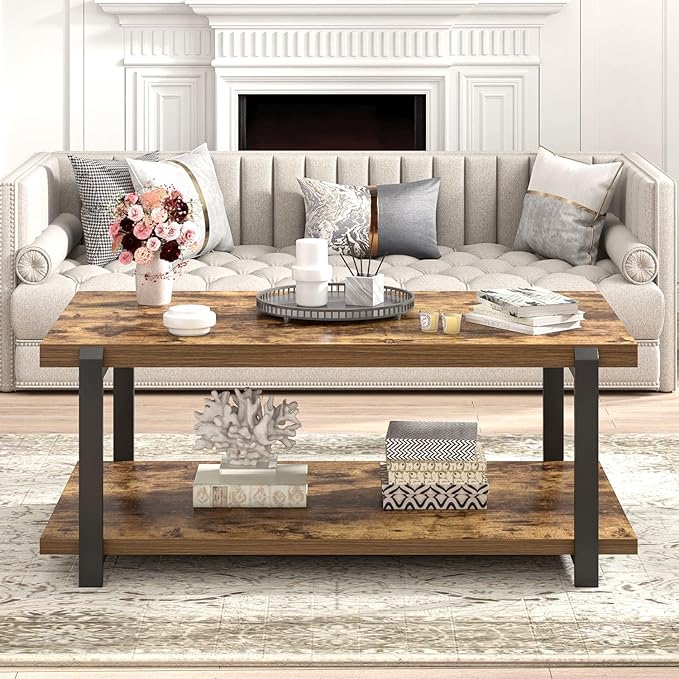 FOLUBAN Modern Coffee Table, Rustic Wood Center Table