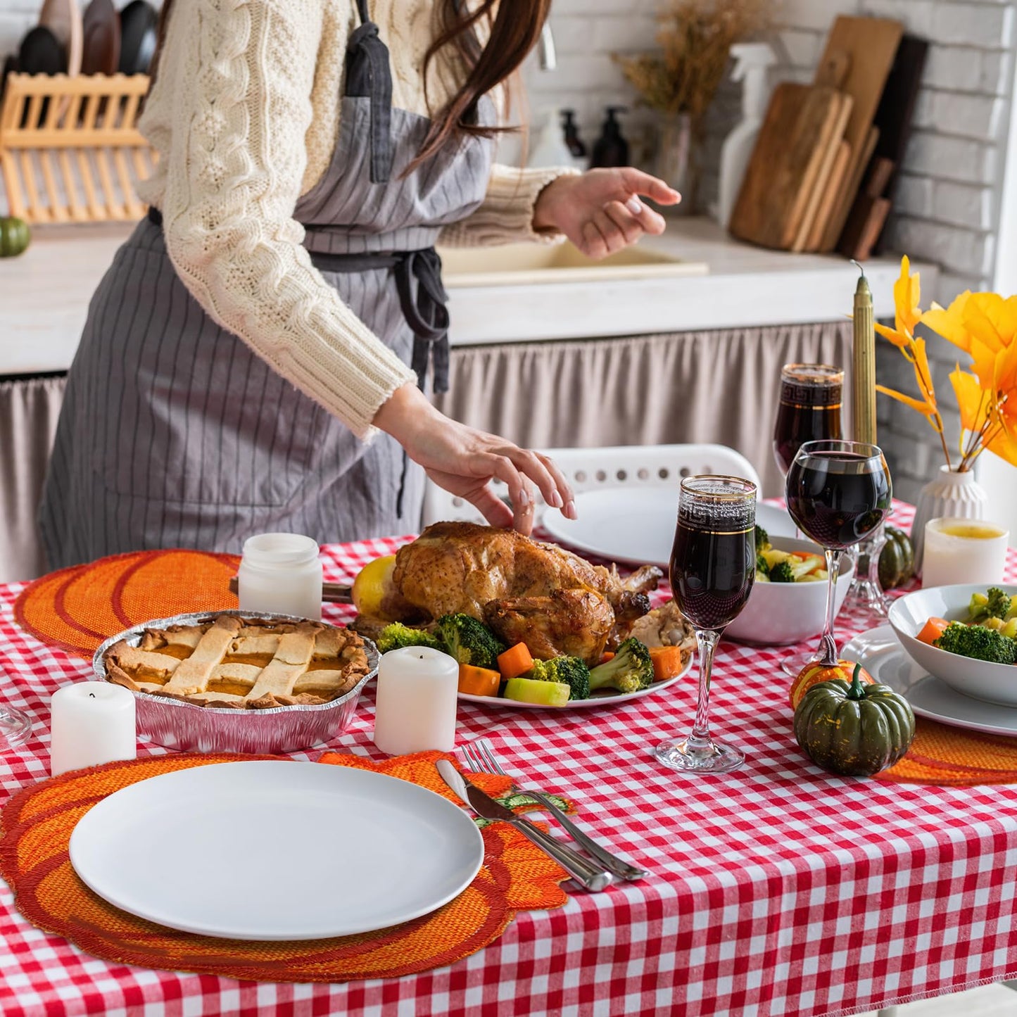Yingzhao 6 Pcs Thanksgiving Fall Pumpkin Placemats Autumn Harvest Orange Table Place mats Embroidered 14'' Round Decorative Placemats for Holiday Party Kitchen Dinning Table Decorations