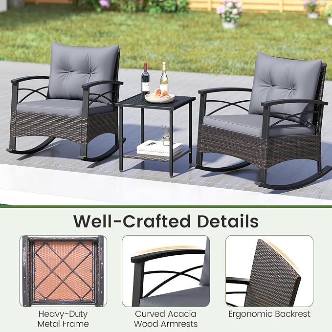 Tangkula 3 Pieces Outdoor Rocking Chairs Set, Rattan Heavy Duty Cushioned