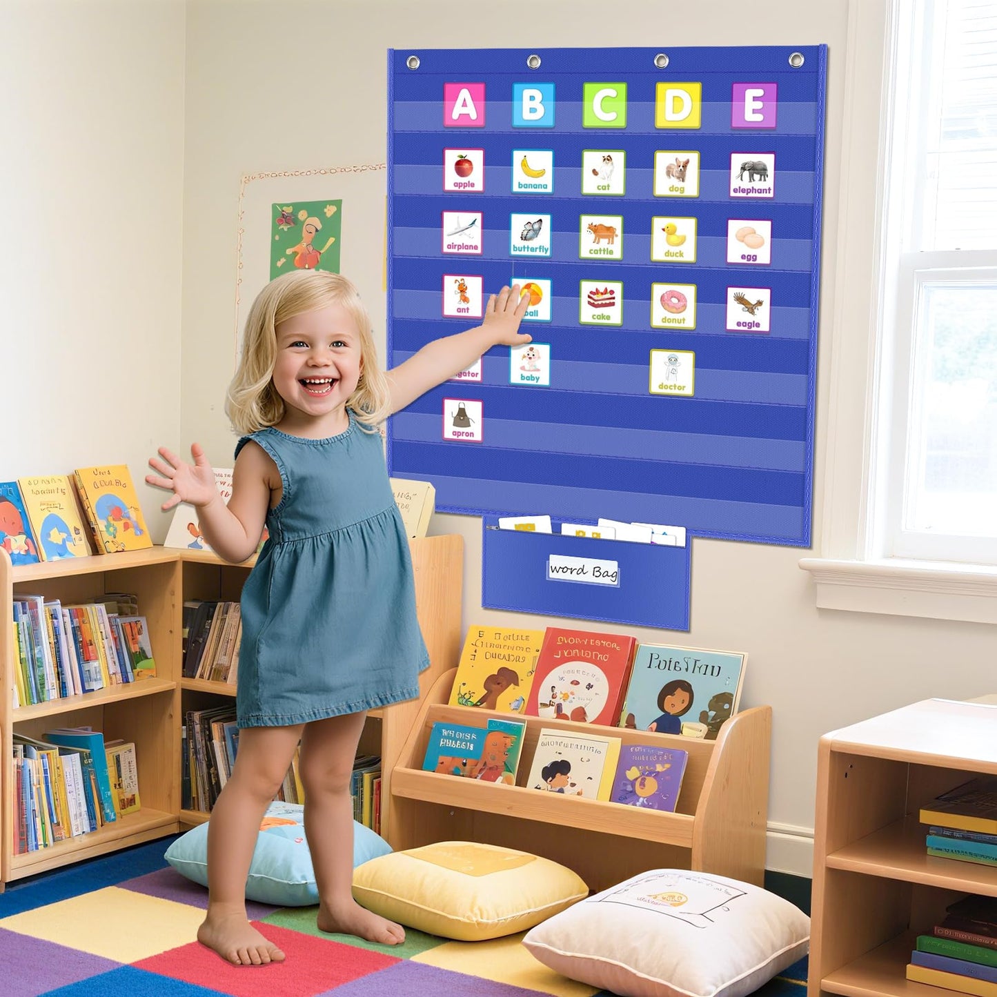 ALSLEA Standard Pocket Chart for Classroom with Zipper Storage Bag 28"x28" Wall Hanging File Display Pocket Chart with 7 Sentence Strips Holder Teacher Essential (Blue)