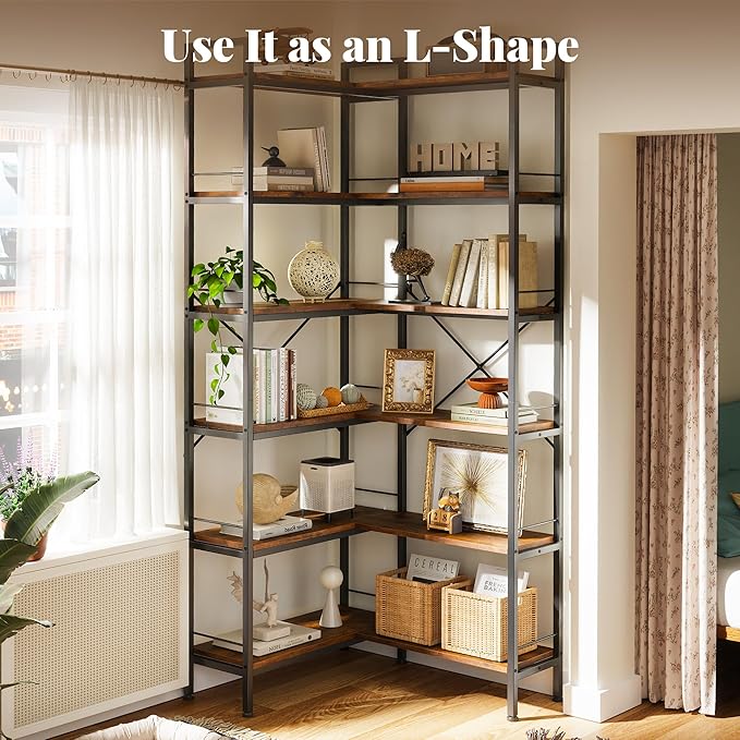 Huuger 6 Tier Bookshelf, L Shaped Corner Bookshelf